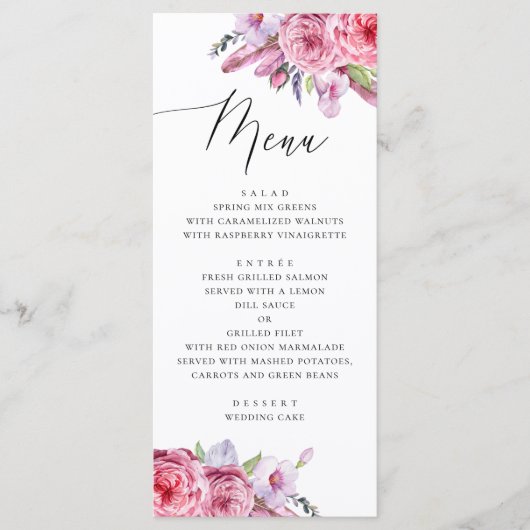 Waterverf roze boho floral and veren bruiloft menu (Voorkant)