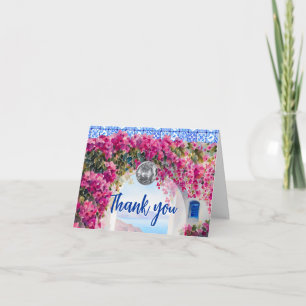 Waterverf Roze Bougainvillea Bloemen Blauwe Tegel Bedankkaart