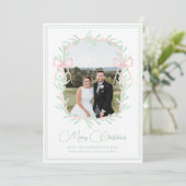 Waterverf Roze Bow Greenery kerstfoto Feestdagenkaart (Staand voorkant)