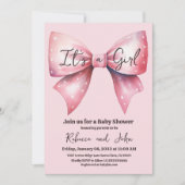 Waterverf Roze Bow Het is een Meisje Baby shower Kaart (Voorkant)