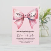 Waterverf Roze Bow Het is een Meisje Baby shower Kaart (Staand voorkant)
