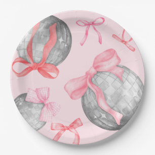 Waterverf Roze Bow Ribbon Zilveren Disco Ball Pape Papieren Bordje