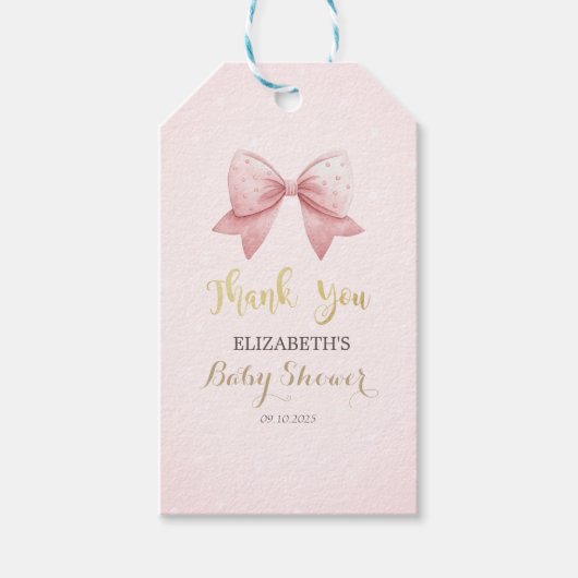 Waterverf Roze Bow Stippen Baby shower Cadeaulabel (Voorkant)