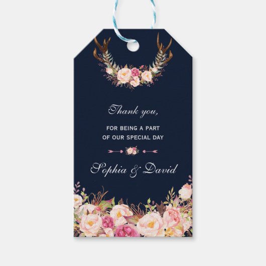 Waterverf Roze bruinse Floral Antlers marinevrouw Cadeaulabel (Voorkant)