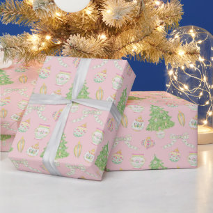 Waterverf Roze Chinoiserie Baubles Kerstboom Cadeaupapier