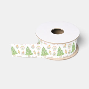 Waterverf Roze Chinoiserie Baubles Kerstboom Grosgrain Lint