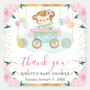 Waterverf Roze Circus Aap Bloemen Baby shower Vierkante Sticker
