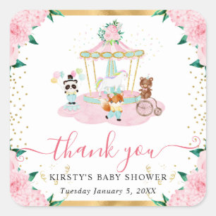 Waterverf Roze Circus Dieren Bloemige Baby Shower Vierkante Sticker