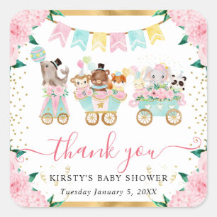 Waterverf Roze Circus Dieren Floral Baby shower Vierkante Sticker