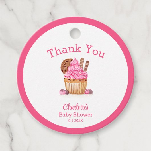 Waterverf roze cupcake met chocolade Baby shower Bedankjes Labels (Voorkant)