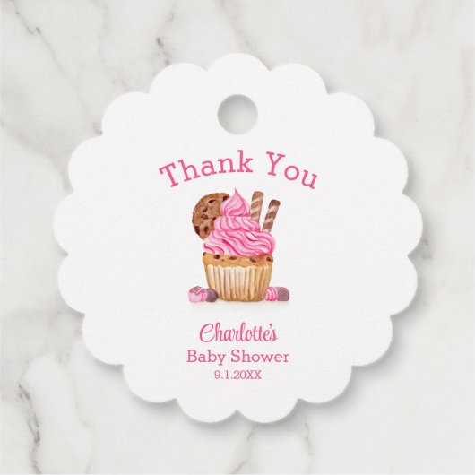 Waterverf roze cupcake met chocolade Baby shower Bedankjes Labels (Achterkant)