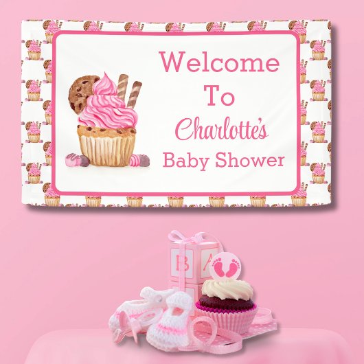 Waterverf Roze Cupcake met Chocolade Baby Welkom Spandoek