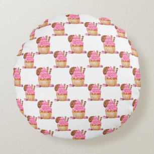 Waterverf roze cupcake met chocolade patroon rond kussen