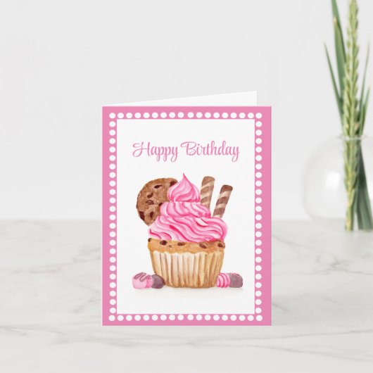 Waterverf roze cupcake met chocoladeverjaardag kaart (Voorkant)
