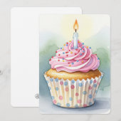 Waterverf Roze Cupcake Verjaardagsuitnodigingen Kaart (Voorkant / Achterkant)