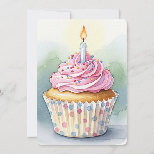 Waterverf Roze Cupcake Verjaardagsuitnodigingen Kaart (Voorkant)