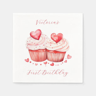 Waterverf roze cupcakes & harten verjaardagsfeestj servet