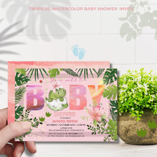 Waterverf Roze Dino Tropisch Meisje Baby shower Kaart