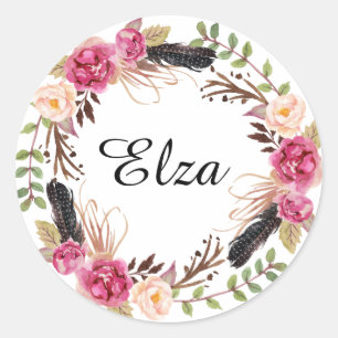 Waterverf Roze Elegant Florals en veren Ronde Sticker