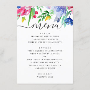 Waterverf roze en blauw bloementuin bruiloft menu