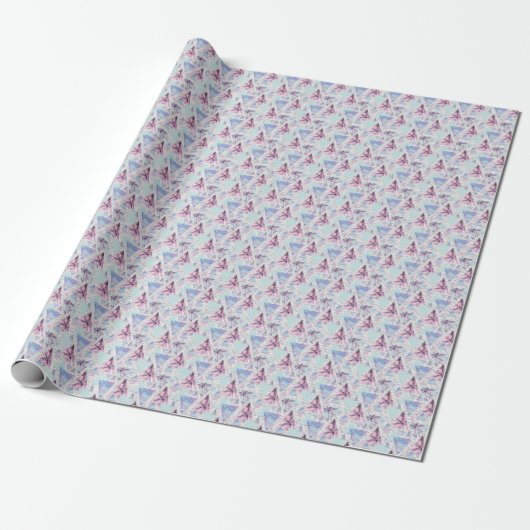 Waterverf roze en blauw palmpatroon cadeaupapier (Uitgerold)