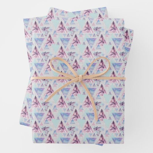 Waterverf roze en blauw palmpatroon inpakpapier vel (In situ)