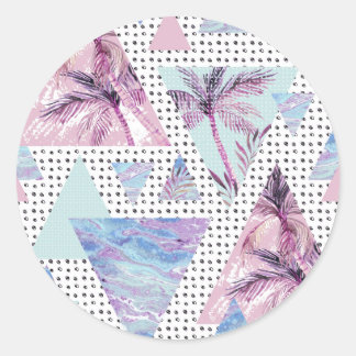 Waterverf roze en blauw palmpatroon ronde sticker