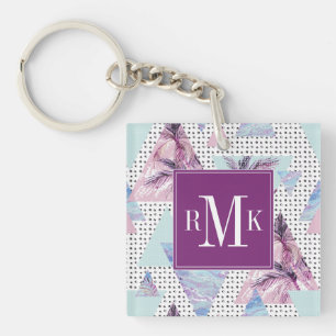 Waterverf roze en blauw palmpatroon sleutelhanger