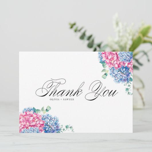 Waterverf Roze en Blue Hydrangeas Wedding Bedankkaart (Staand voorkant)