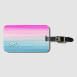 Waterverf Roze en Blue Ombre   Jouw namen toevoege Bagagelabel