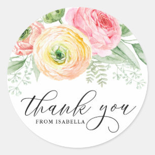 Waterverf Roze en Geel Ranunculus Dank U Ronde Sticker