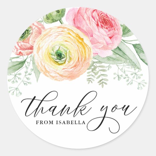Waterverf Roze en Geel Ranunculus Dank U Ronde Sticker (Voorkant)
