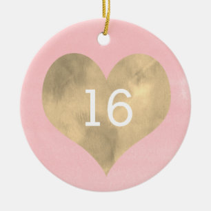 Waterverf Roze en Gold Heart 16e verjaardag Ceram Keramisch Ornament