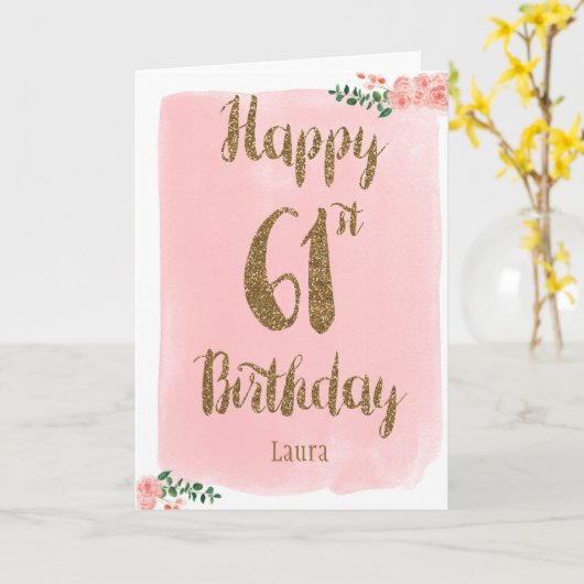 Waterverf Roze en Goud 61ste Verjaardag Kaart (Gele Bloem)
