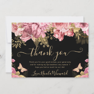 Waterverf Roze en Gouden Bloemen Quinceanera Bedankkaart