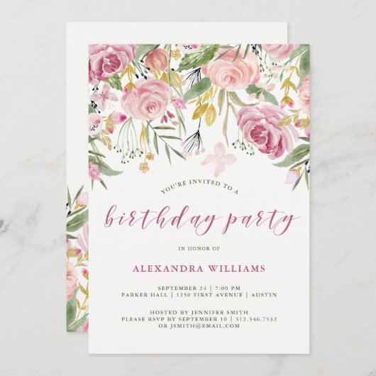 Waterverf Roze en Gouden Floral Birthday Party Kaart (Voorkant / Achterkant)