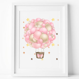 Waterverf Roze en Gouden Heet Lucht Ballon Print