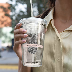 Waterverf Roze en grijze ananas JOUW NAAM Acryl Drinkbeker