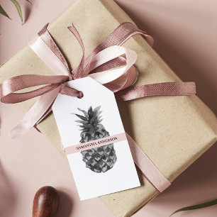 Waterverf Roze en grijze ananas JOUW NAAM Cadeaulabel