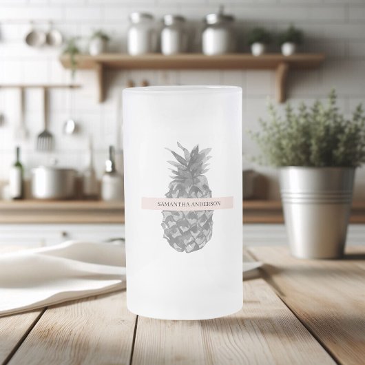 Waterverf Roze en grijze ananas | JOUW NAAM Matglas Bierpul