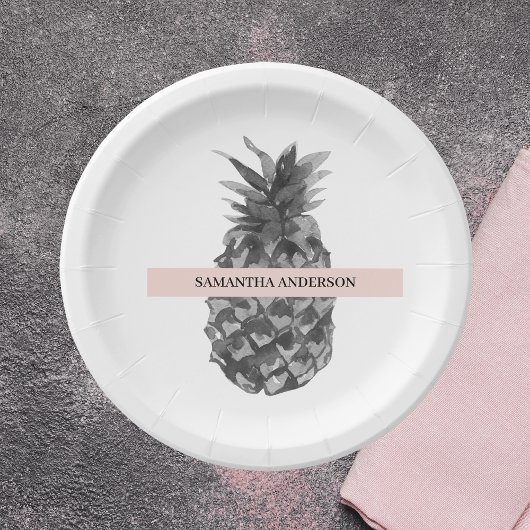 Waterverf Roze en grijze ananas | JOUW NAAM Papieren Bordje