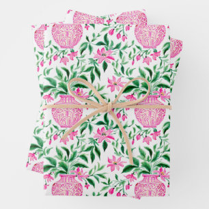 Waterverf Roze en Groene Bloemen Ginger Jars Inpakpapier Vel