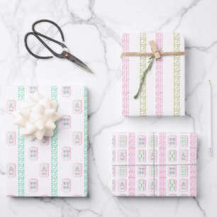 Waterverf roze en groene mahjong inpakpapier vel