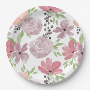 Waterverf Roze en Lila Bloemen Papieren Bordje