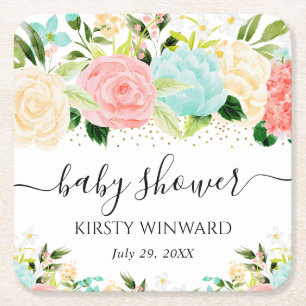 Waterverf Roze en Mint Bloemen Baby Shower Vierkante Kartonnen Onderzetter