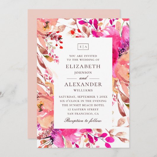 Waterverf roze en perzik bloementuin bruiloft kaart (Voorkant / Achterkant)