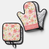 Waterverf Roze en perzikkleurige bloemen gepersona Ovenwant & Pannenlap Set (Voorkant / Achterkant)