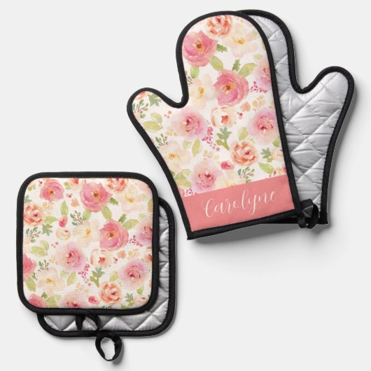 Waterverf Roze en perzikkleurige bloemen gepersona Ovenwant & Pannenlap Set (Voorkant / Achterkant)