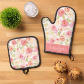 Waterverf Roze en perzikkleurige bloemen gepersona Ovenwant & Pannenlap Set (Top down)