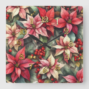 Waterverf Roze en Rode Poinsettia Vierkante Klok